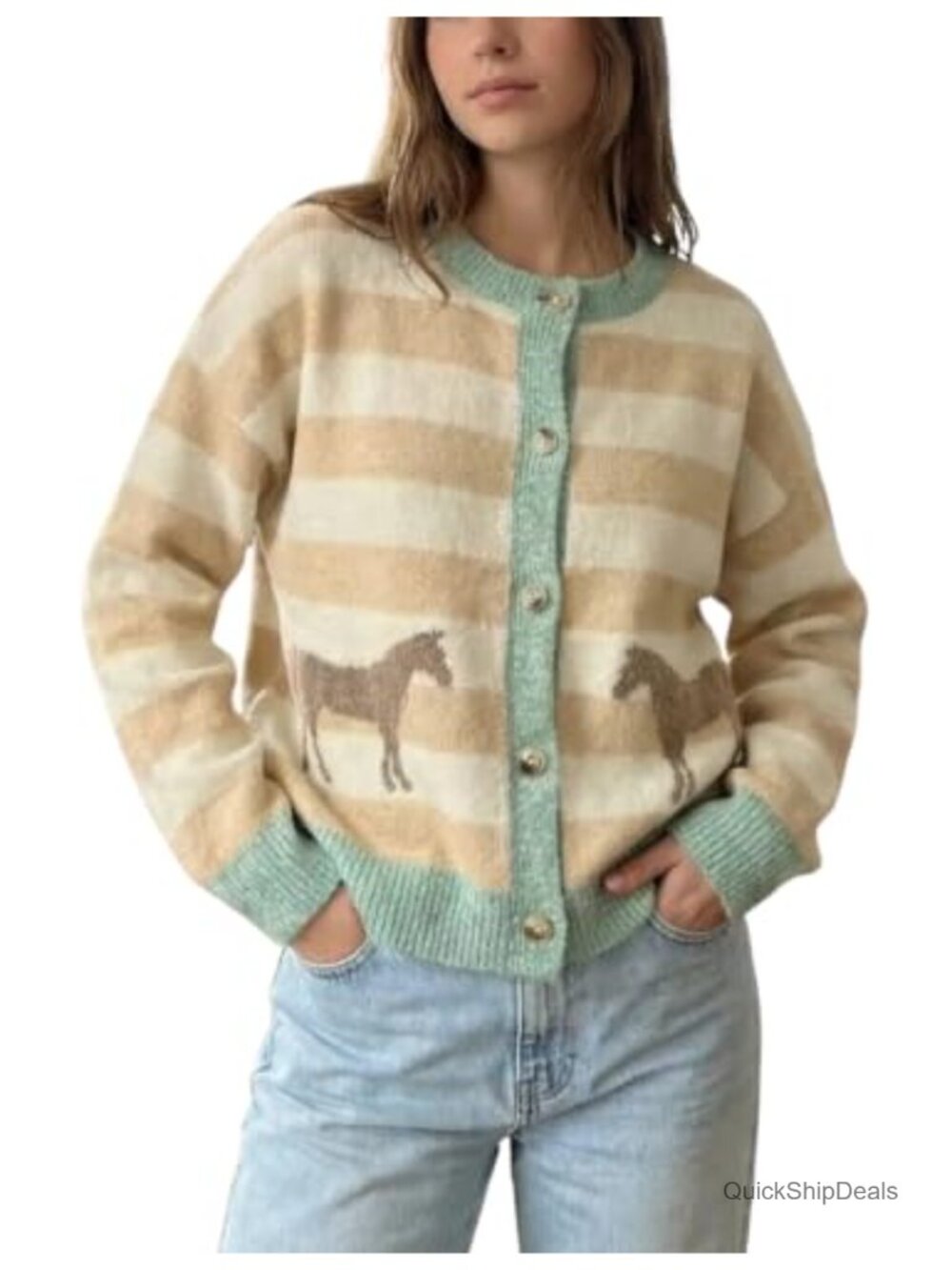 Womens Boxy Crop Knit Cardigan Horse Jacquard Button Front